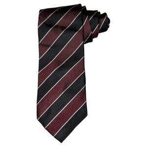University School By Cuffs Necktie Men’s Black Burgundy White Stripes 100% Silk
